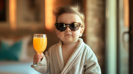 Cute little girl in sunglasses and a bathrobe with a glass of orange juiceの素材