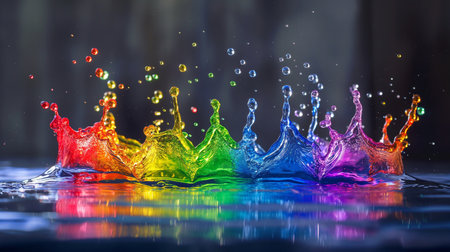 Colorful water splashes isolated on black background. Rainbow colors.の素材
