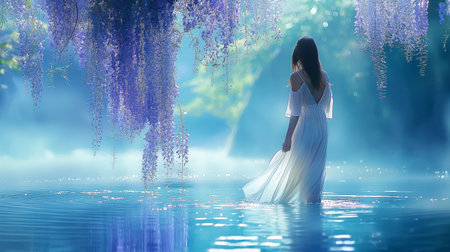 3D rendering of a beautiful woman in a long white dress standing in a lake surrounded by flowersの素材