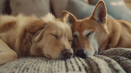 Cute Shiba Inu puppies sleeping on sofa at home, closeupの素材