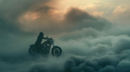 Silhouette of a man riding a motorcycle in the clouds.の素材