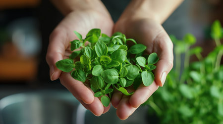 Young woman holding fresh basil in her hands, closeup. Healthy food conceptの素材