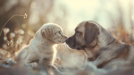 Labrador retriever puppy and kitten playing together in the autumn parkの素材