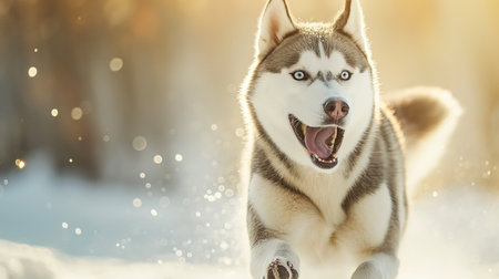 Siberian husky dog running in the snow in winter forestの素材
