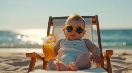 Cute baby in sunglasses with bottle of orange juice on the beachの素材