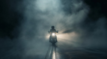 Motorcyclist riding on the road in the misty night.の素材