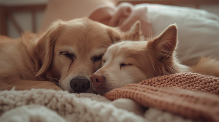 Cute dogs sleeping on bed at home, closeup. Friendship between dogsの素材
