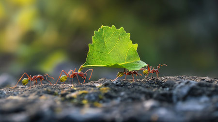 Close up of red ant and green leaf on the ground in natureの素材