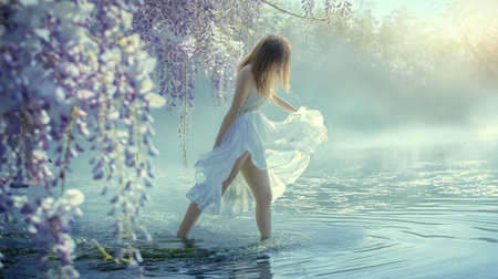 Beautiful girl in a white dress in the water with wisteriaの素材
