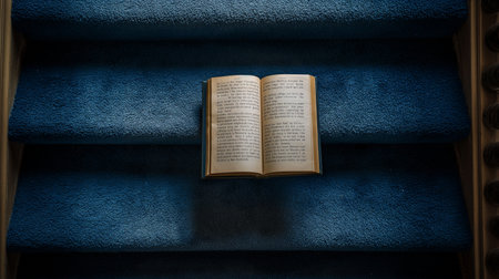 Open book on a blue background. View from above. Copy space.の素材