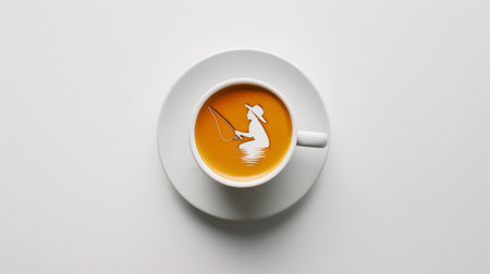 Cup of coffee with a picture of a man fishing in itの素材