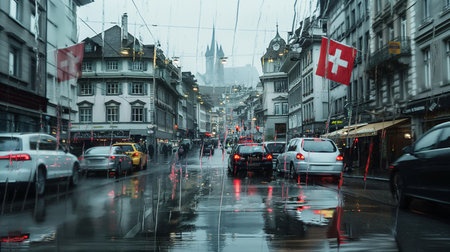 Traffic in the rain on the street of Bern, Switzerland.の素材