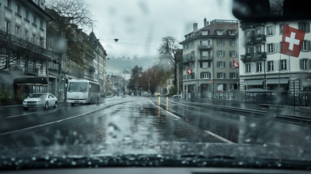 View from inside a car on a rainy day in Zurich, Switzerland.の素材
