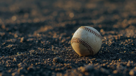 Baseball on the field in the evening. Close-up.の素材