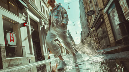 Beautiful young woman in raincoat and sunglasses is splashing water on the street.の素材