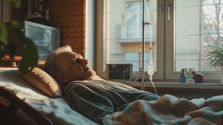 Elderly man lying in hospital bed with oxygen mask. Healthcare concept.の素材