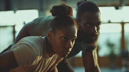 Portrait of young African American couple doing push-ups in fitness studioの素材