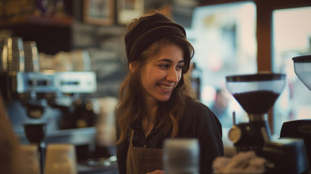 Portrait of female barista smiling at camera in coffee shop.の素材