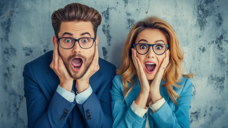 Portrait of a young shocked businesswoman and man in glasses.の素材