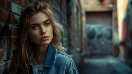 Portrait of a beautiful young woman in a denim jacket on a background of a brick wallの素材