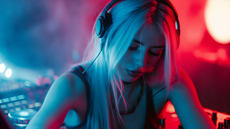 Portrait of young girl dj playing music in nightclub with headphones and mixer.の素材