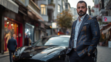 Handsome Italian dark-haired man with a beard in a jacket posing in an urban contextの素材
