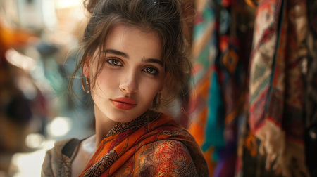 Portrait of a beautiful young woman with long curly hair in a colorful scarfの素材