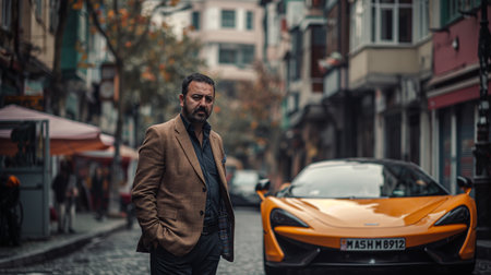 Handsome Italian dark-haired man with a beard and mustache in a brown jacket is standing on the street near an orange vintage carの素材
