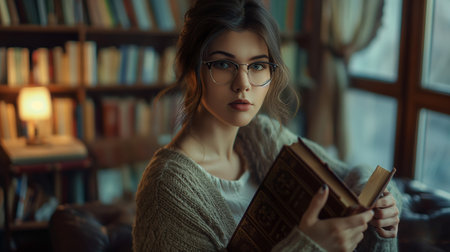 Portrait of a beautiful young woman in glasses reading a book.の素材