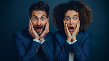 Portrait of shocked business couple looking at camera isolated on black backgroundの素材