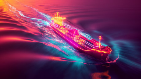 Cargo ship sailing in the sea at night. 3d renderingの素材