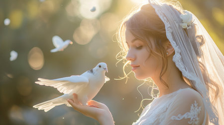 Beautiful bride in white wedding dress with white dove in her hands.の素材