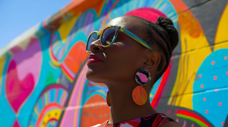 Portrait of african american young woman with dreadlocks and sunglasses against graffiti wallの素材