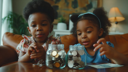 Cute little African-American sisters counting money in a glass jar.の素材