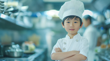 Portrait of Asian boy chef standing with arms crossed in the kitchenの素材