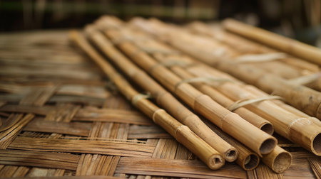 Bamboo sticks on a wooden background. Selective focus. Shallow depth of field.の素材