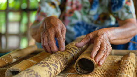 Close up of hands of old woman weaving bamboo matting at homeの素材