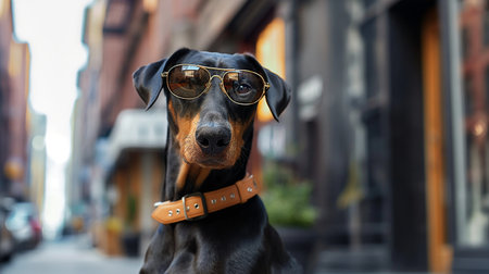 Portrait of a beautiful black Doberman dog with glasses in the cityの素材