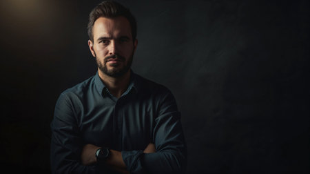 Portrait of a handsome man in a blue shirt on a dark backgroundの素材