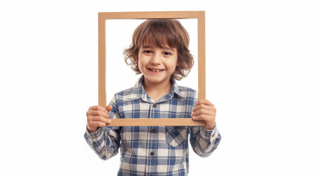 Little boy holding a picture frame and smiling isolated on white background.の素材