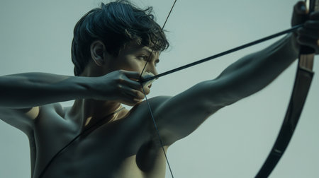 young Asian man with bow and arrow aiming at target in studioの素材