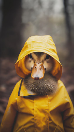 Duckling in a yellow raincoat on a rainy day.の素材