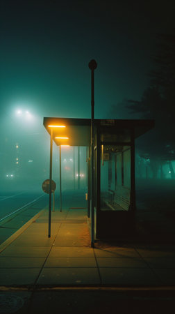 Train station in the fog at night. Shallow depth of field.の素材