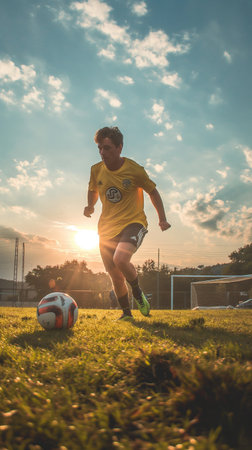 soccer player in action on the field of stadium at sunset.の素材
