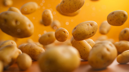 Fresh potatoes falling into the water on a yellow background. Close-up.の素材
