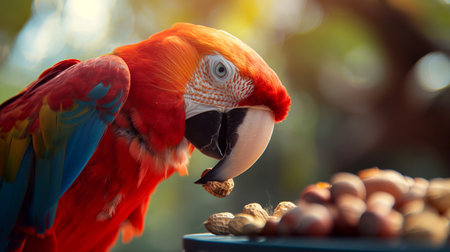 Beautiful macaw eating nuts in the park, close-upの素材