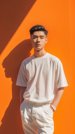 Portrait of young handsome Asian man in white t-shirt on orange backgroundの素材