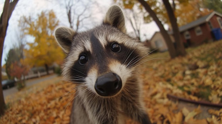 Portrait of a raccoon on the background of autumn leaves.の素材