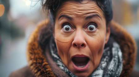 Close up portrait of a middle aged woman with wide open mouth in the city.の素材