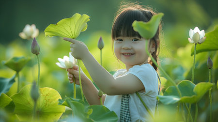 Cute asian child girl holding lotus flower in the gardenの素材